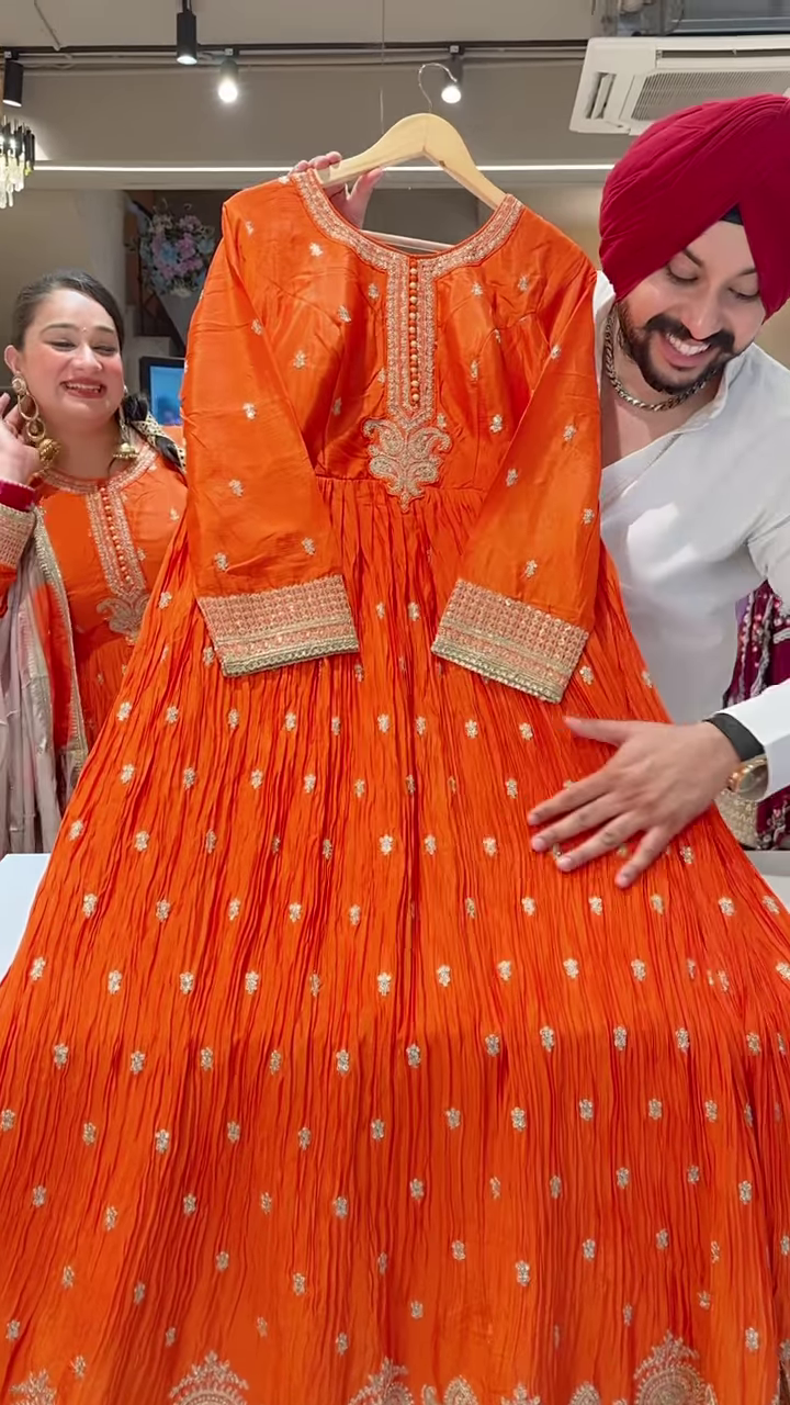 Vibrant Orange Embroidered Anarkali with Gold Motifs – Festive Ethnicwear for Women - Image 3