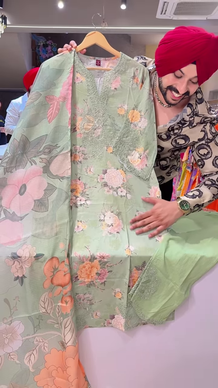 Cream Floral Embroidered Long Dress with Purple Lace Cuffs and Brown Bottoms - Image 3