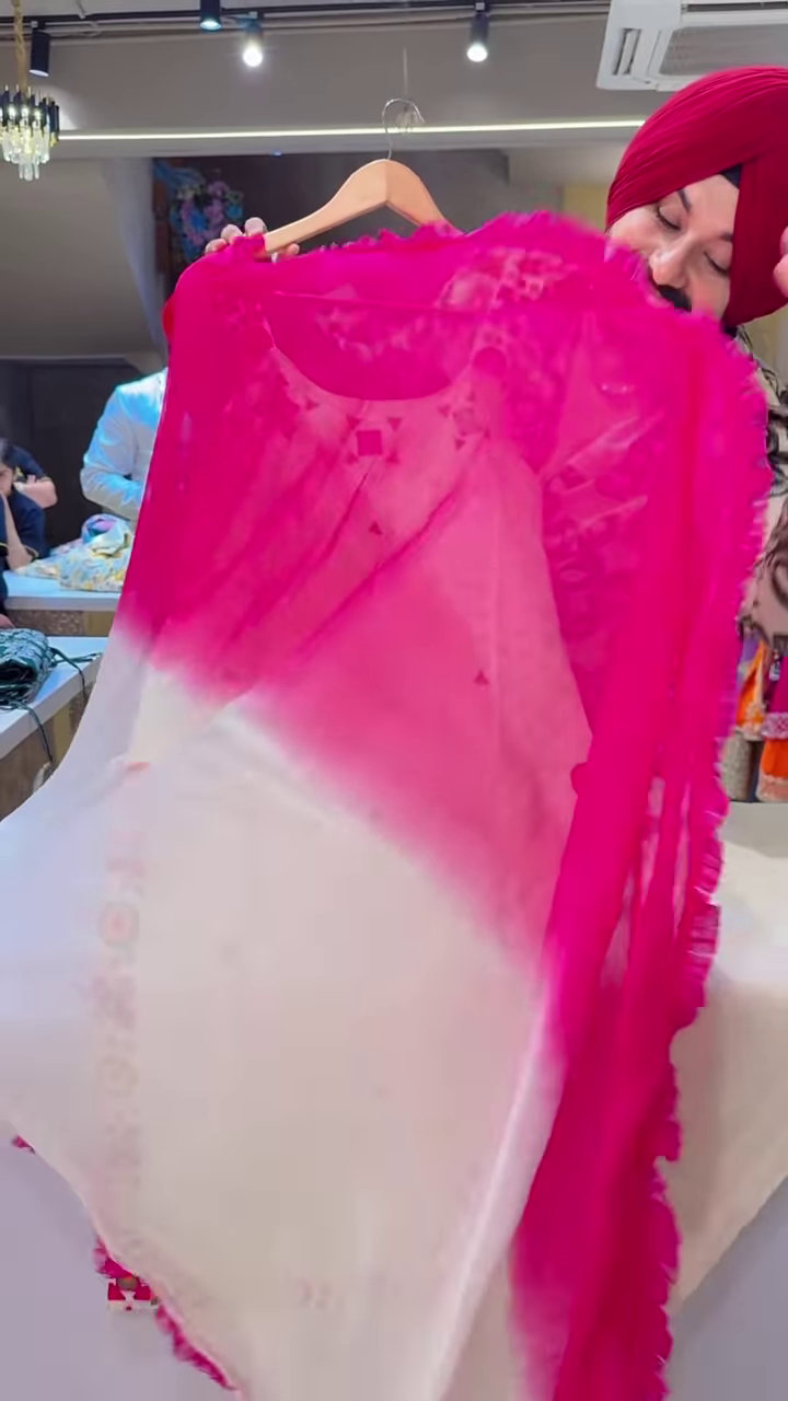 Cream Floral Embroidered Long Dress with Purple Lace Cuffs and Brown Bottoms - Image 2