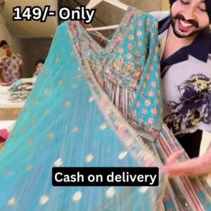 Turquoise Multicolor Printed Ethnic Dress with Embellished Bodice and Striped Lower Panel