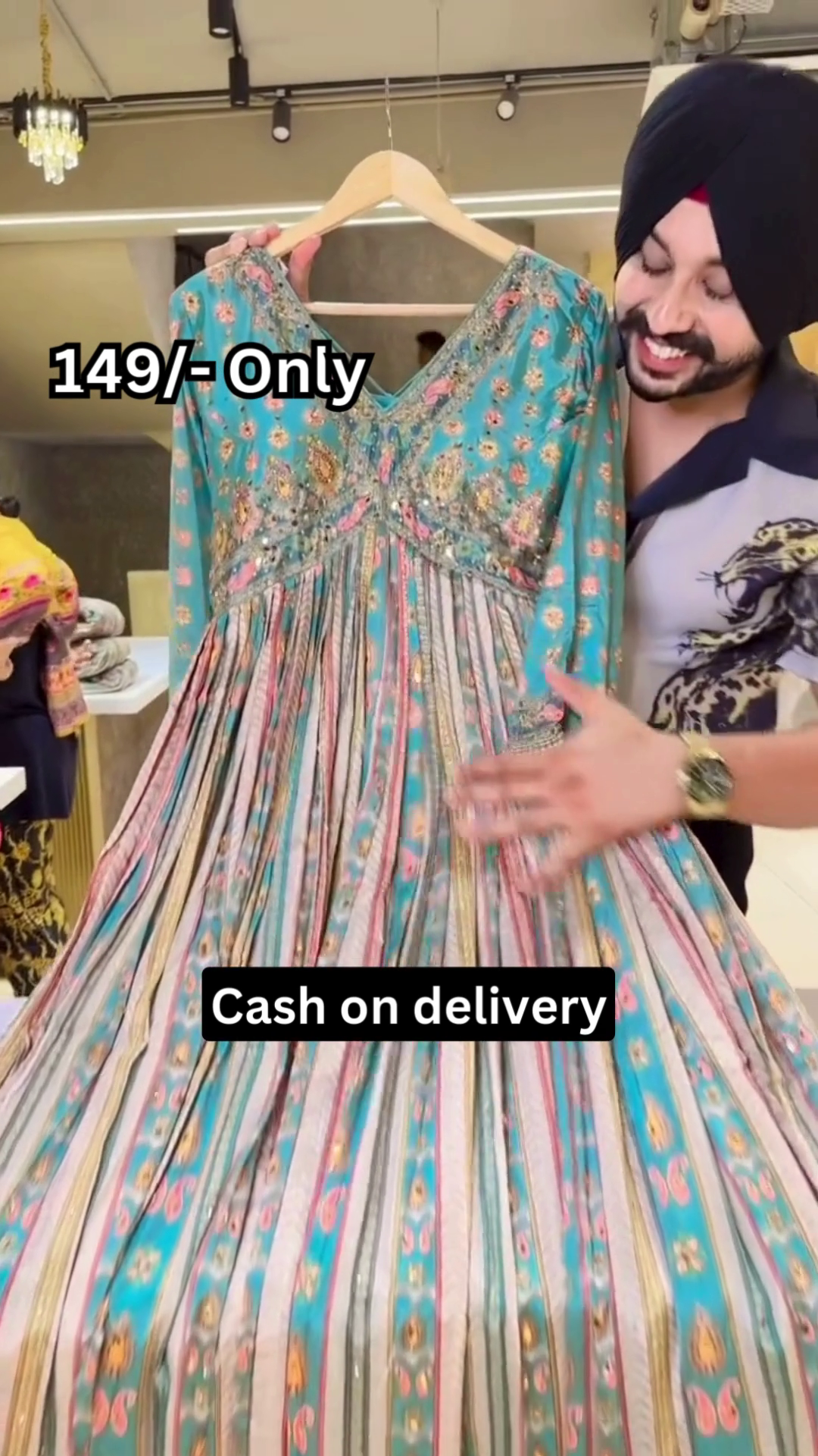 Turquoise Multicolor Printed Ethnic Dress with Embellished Bodice and Striped Lower Panel - Image 3