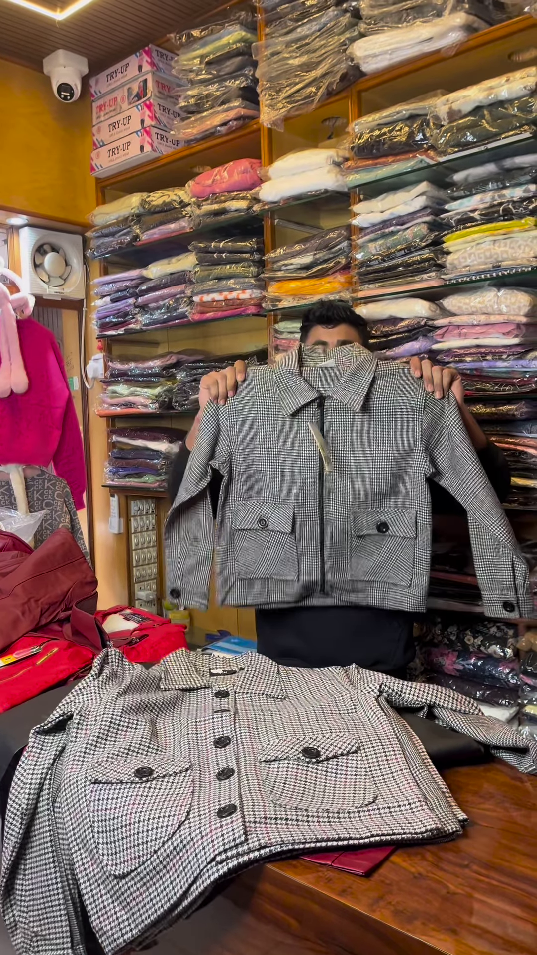 Black and White Checkered Long-Sleeve Jacket with Front Flap Pockets and Button Closure - Image 2