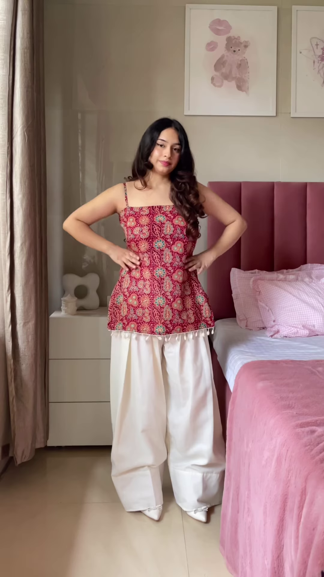 Pink Floral Printed Top with Light Blue Jeans – Casual Ethnic Fusion Wear for Women - Image 7