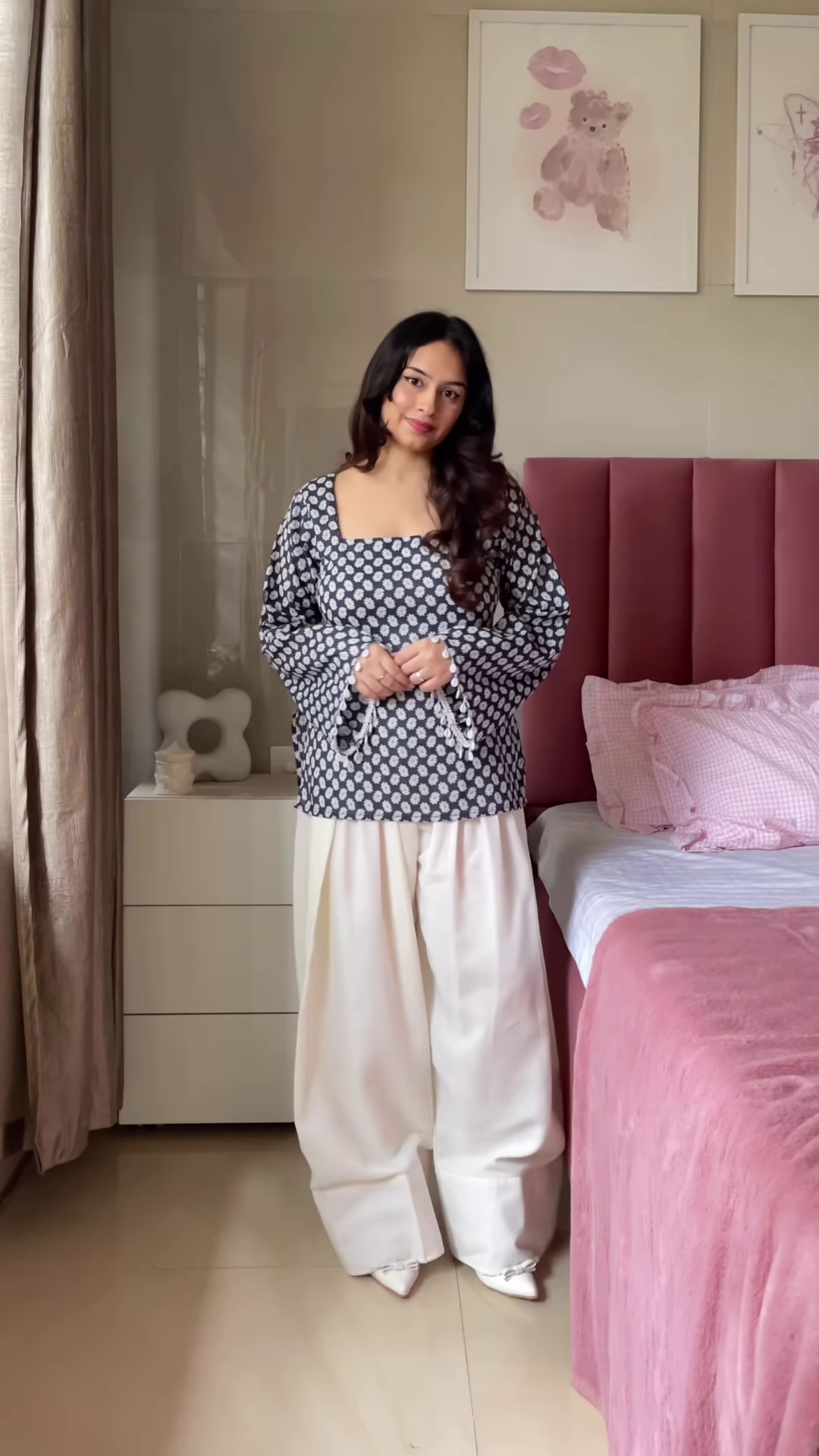 Pink Floral Printed Top with Light Blue Jeans – Casual Ethnic Fusion Wear for Women - Image 6