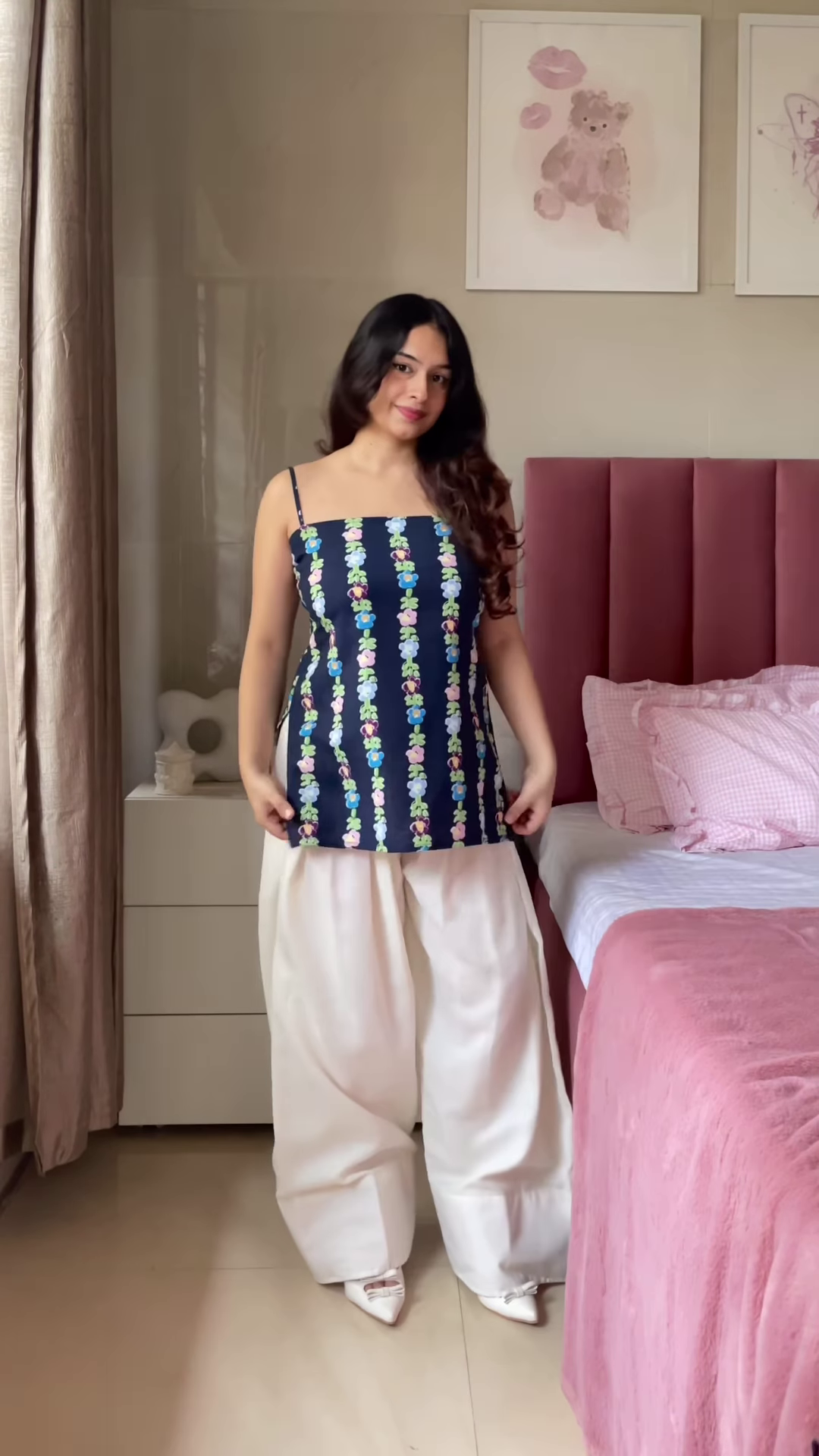 Pink Floral Printed Top with Light Blue Jeans – Casual Ethnic Fusion Wear for Women - Image 2
