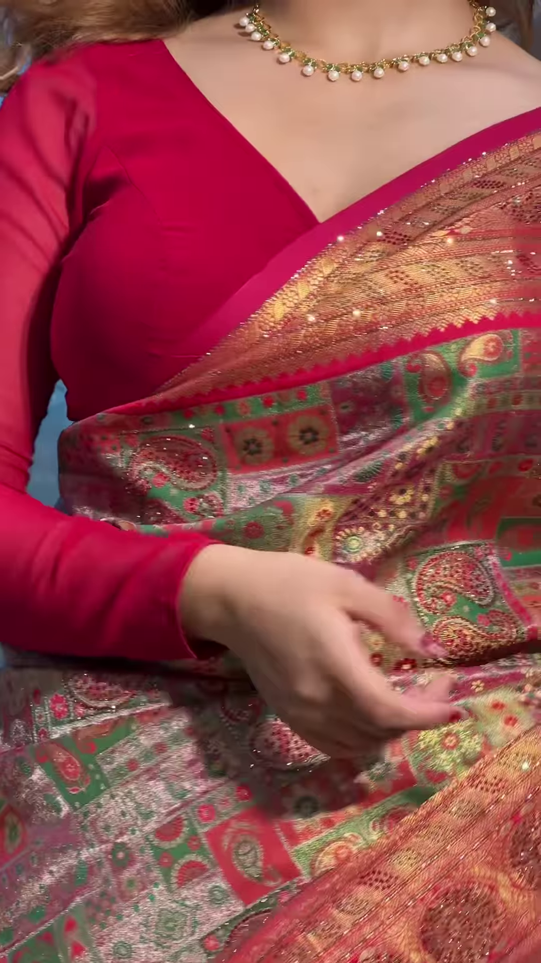 Vibrant Crimson Red Multi-Patterned Saree with Intricate Gold Zari and Geometric Motifs - Image 3