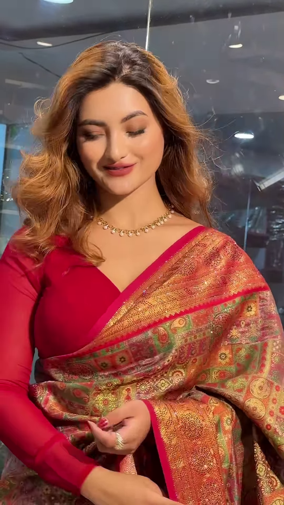 Vibrant Crimson Red Multi-Patterned Saree with Intricate Gold Zari and Geometric Motifs - Image 5