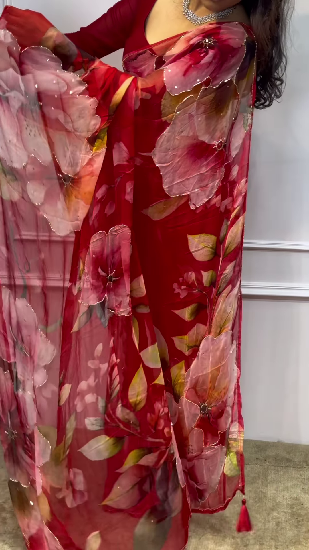 Romantic Ruby Red Floral Chiffon Saree with Gold Sequin Borders - Image 4