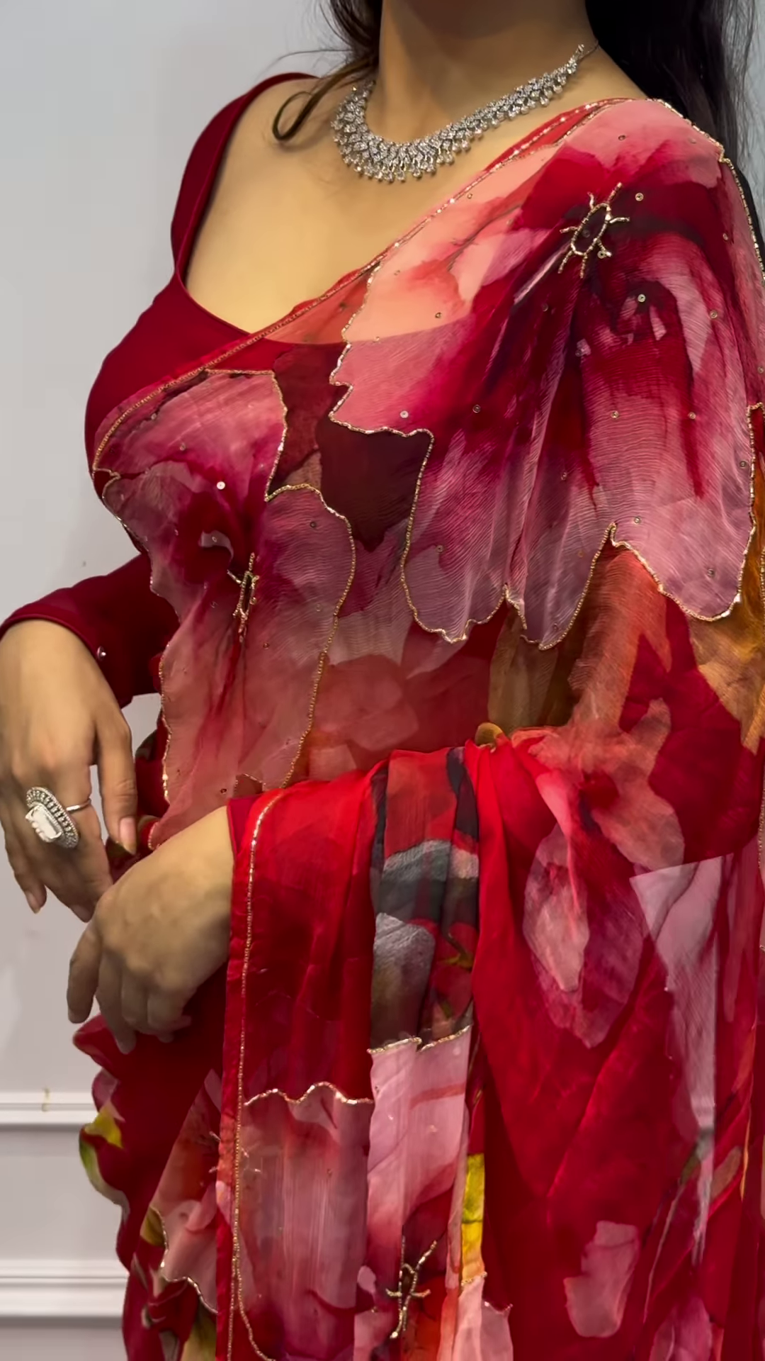 Romantic Ruby Red Floral Chiffon Saree with Gold Sequin Borders - Image 3