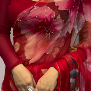 Romantic Ruby Red Floral Chiffon Saree with Gold Sequin Borders
