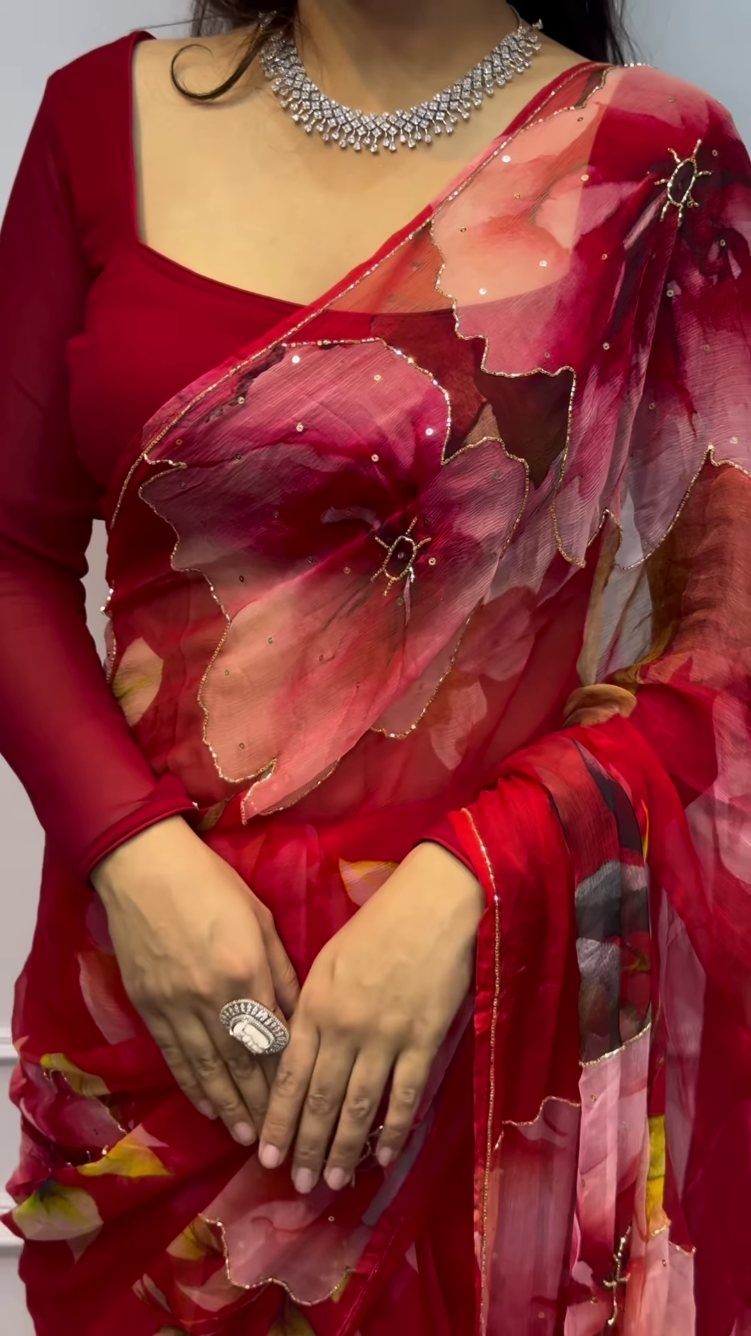 Romantic Ruby Red Floral Chiffon Saree with Gold Sequin Borders