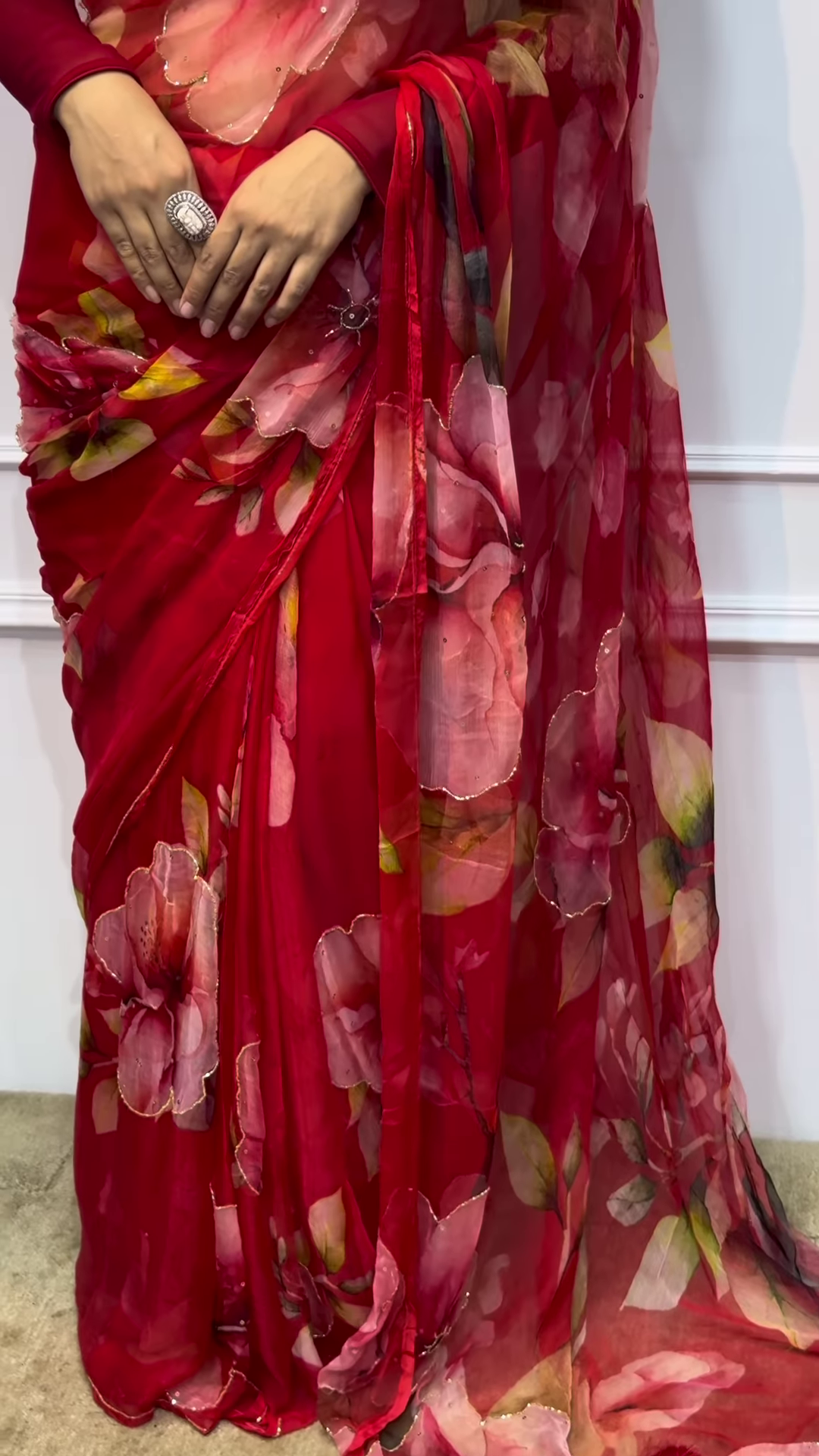 Romantic Ruby Red Floral Chiffon Saree with Gold Sequin Borders - Image 2