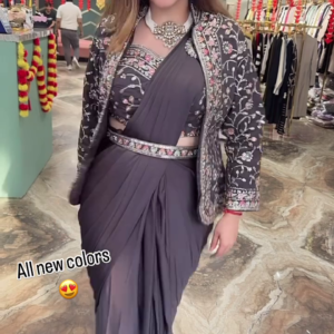 Modern Mauve Pre-Draped Saree Set with Intricately Embroidered Jacket and Coordinating Belt