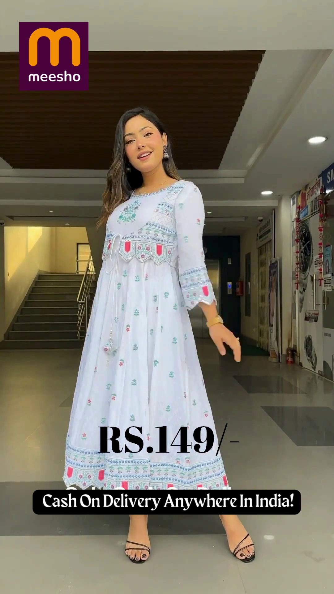 White Anarkali Kurta with Embroidered Mirror-Work Jacket - Image 4