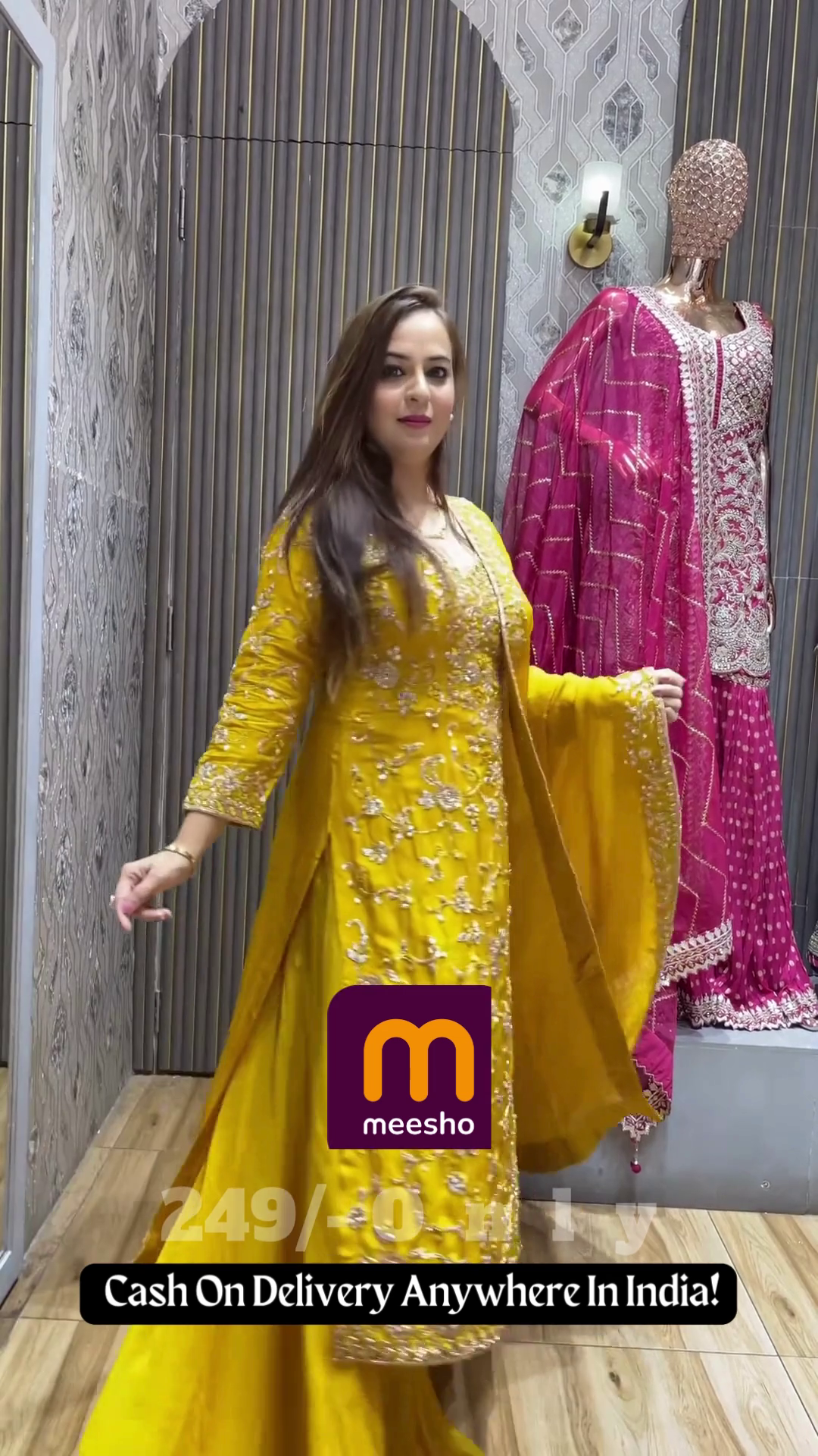 Bright Yellow Anarkali Gown with All-Over Sequin Work - Image 2