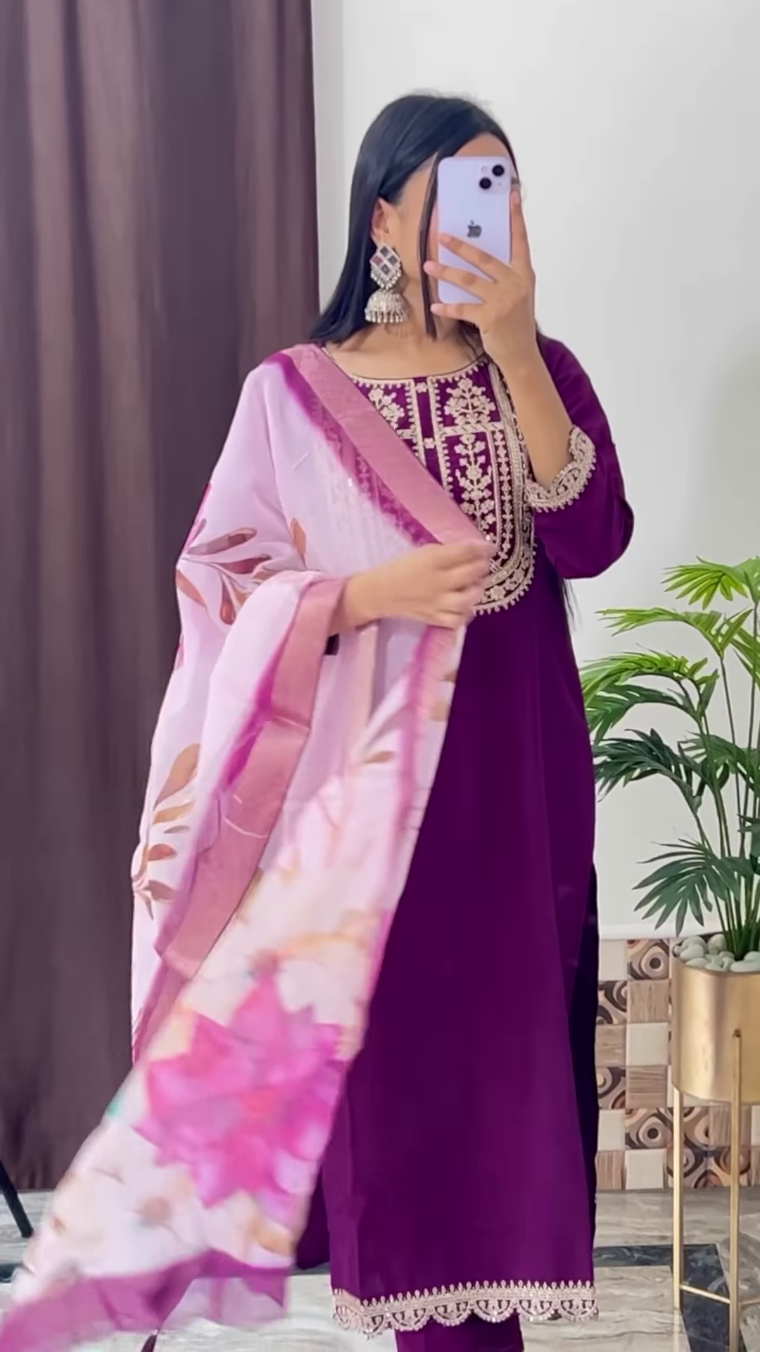Deep Magenta Silk Kurta with Gold Zari Yoke and Floral Printed Dupatta - Modern Festive Ethnic Suit - Image 6