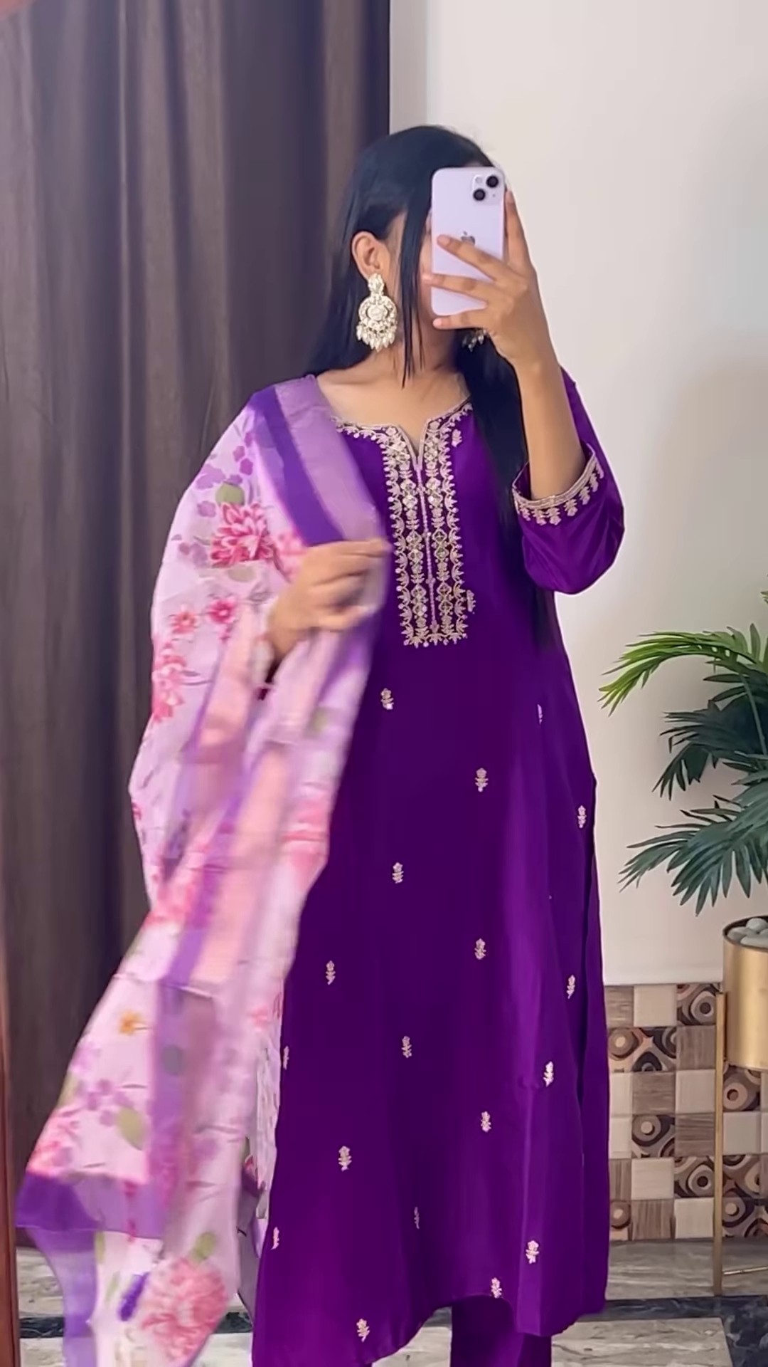 Deep Magenta Silk Kurta with Gold Zari Yoke and Floral Printed Dupatta - Modern Festive Ethnic Suit - Image 4