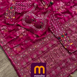 Vibrant Hot Pink Silk Blouse and Saree Set with Heavy Mirror and Zari Work - Traditional Wedding Collection