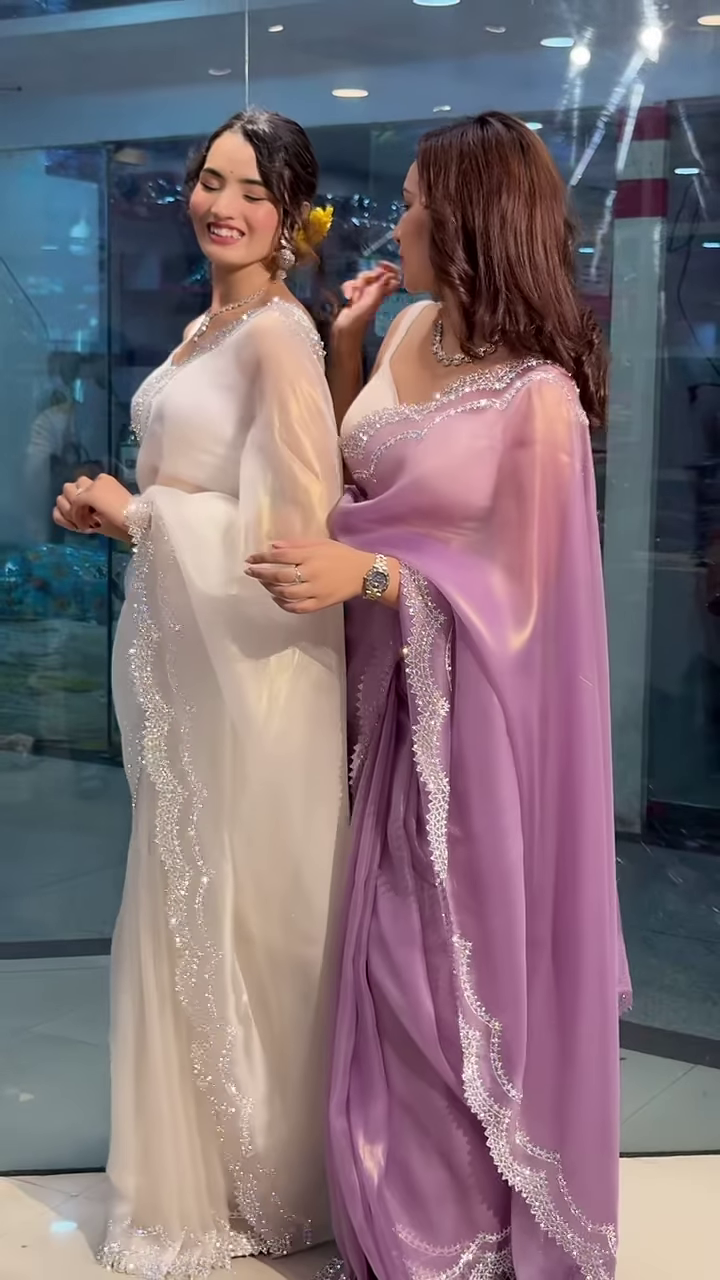 Designer Scalloped Border Chiffon Saree with Shimmering Sequin Embroidery - Elegant Wedding & Party Wear - Image 2