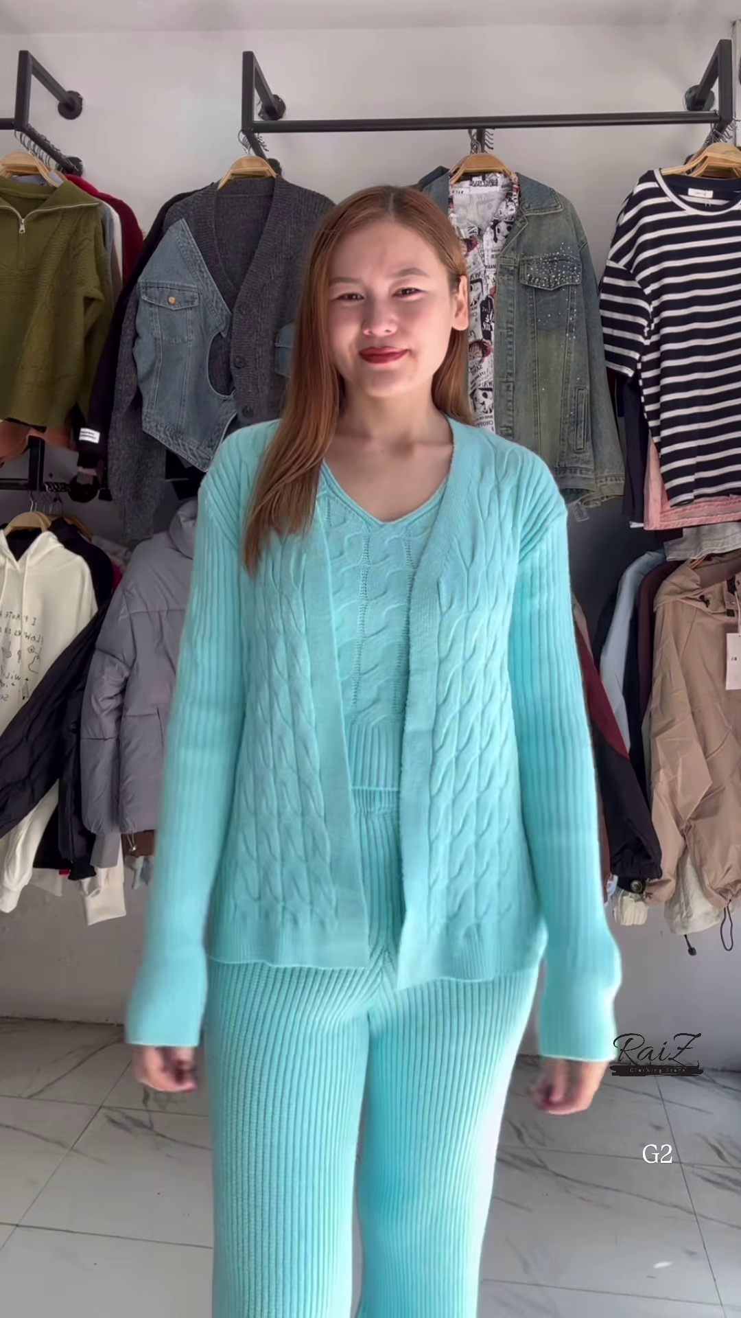 Aqua Blue Cable Knit Cardigan and Trouser Co-ord Set - Premium Winter Lounge & Casual Wear