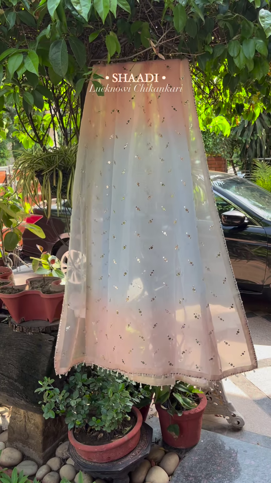 Peach Organza Lucknowi Chikankari Kurta with Hand-Embroidered Floral Motifs and Sequin Accents - Image 2