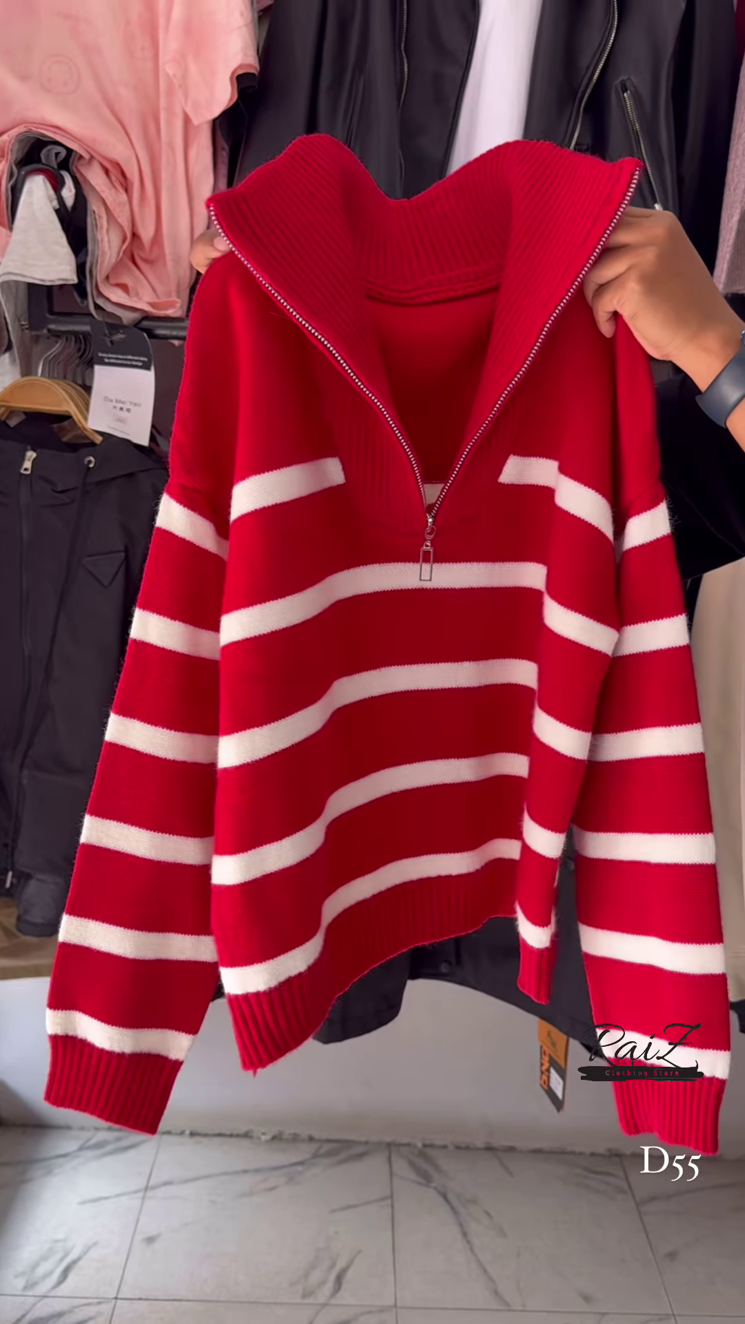 Red and White Striped Half-Zip Knit Sweater with Oversized Collar - Trendy Winter Streetwear - Image 7