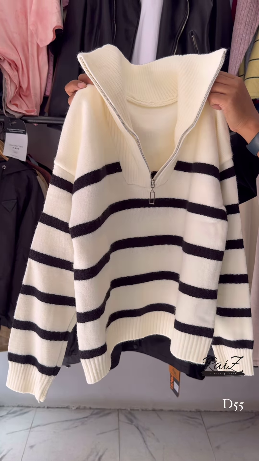 Red and White Striped Half-Zip Knit Sweater with Oversized Collar - Trendy Winter Streetwear - Image 6