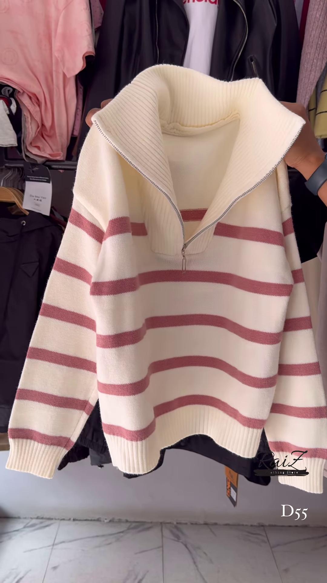 Red and White Striped Half-Zip Knit Sweater with Oversized Collar - Trendy Winter Streetwear - Image 5
