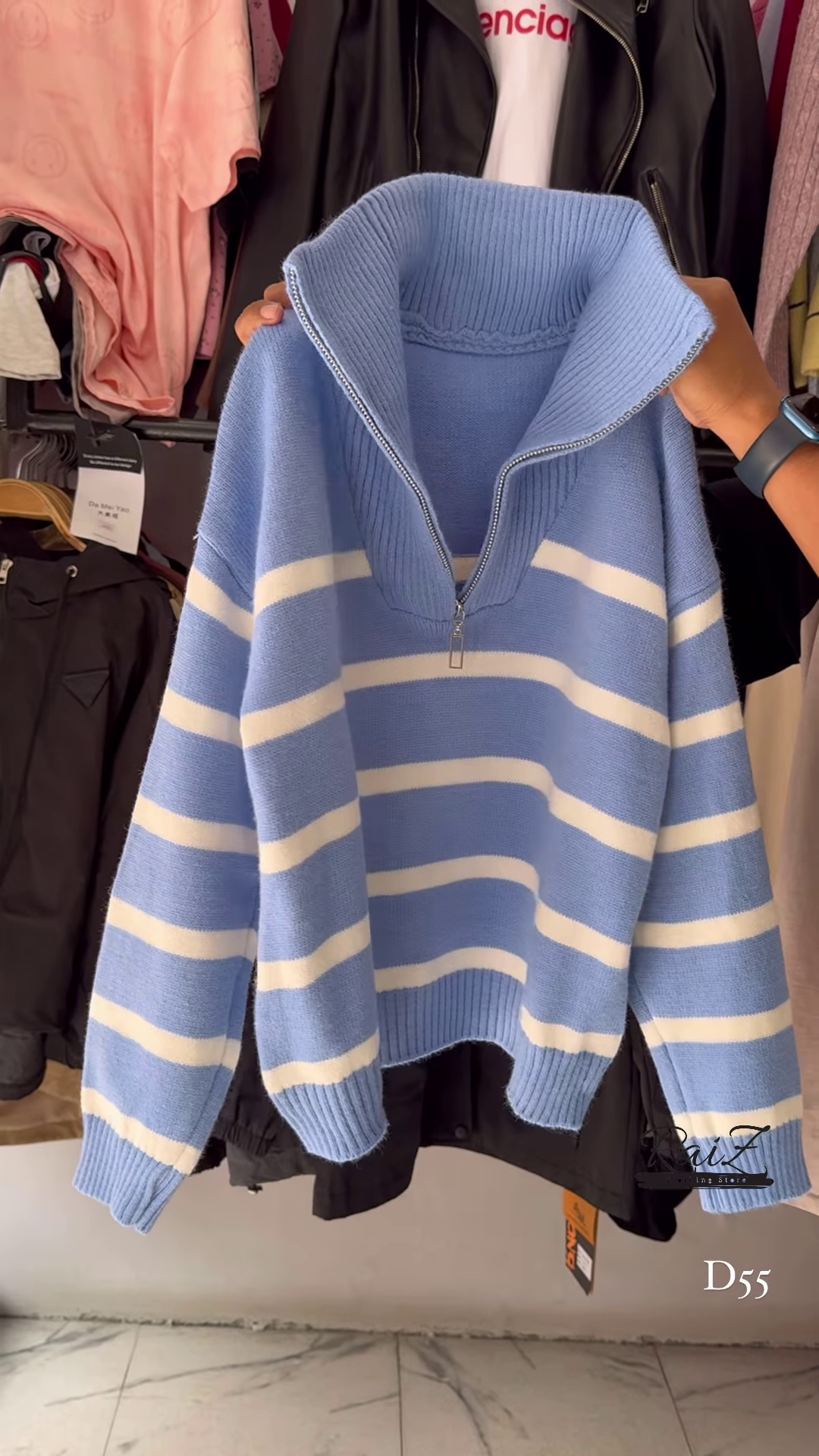 Red and White Striped Half-Zip Knit Sweater with Oversized Collar - Trendy Winter Streetwear - Image 3