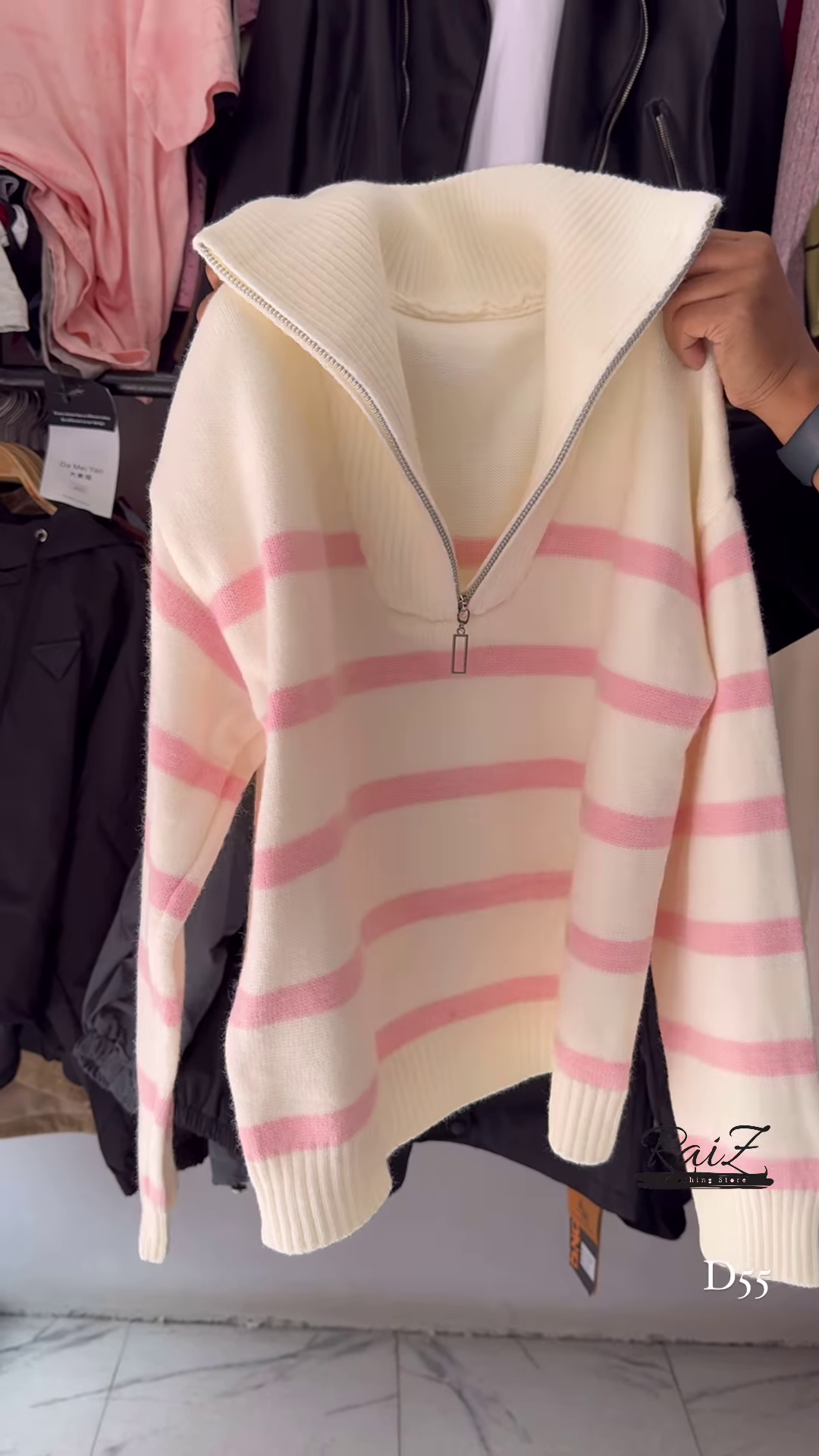 Red and White Striped Half-Zip Knit Sweater with Oversized Collar - Trendy Winter Streetwear - Image 2