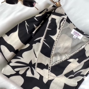 Dark Charcoal and Beige Leaf Print V-Neck Kaftan Kurta with Lace Bordering - Chic Resort & Ethnic Wear