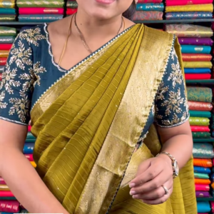 Mustard Yellow Crinkle-Textured Saree with Ornate Gold Zari Border and Embroidered Teal Blouse