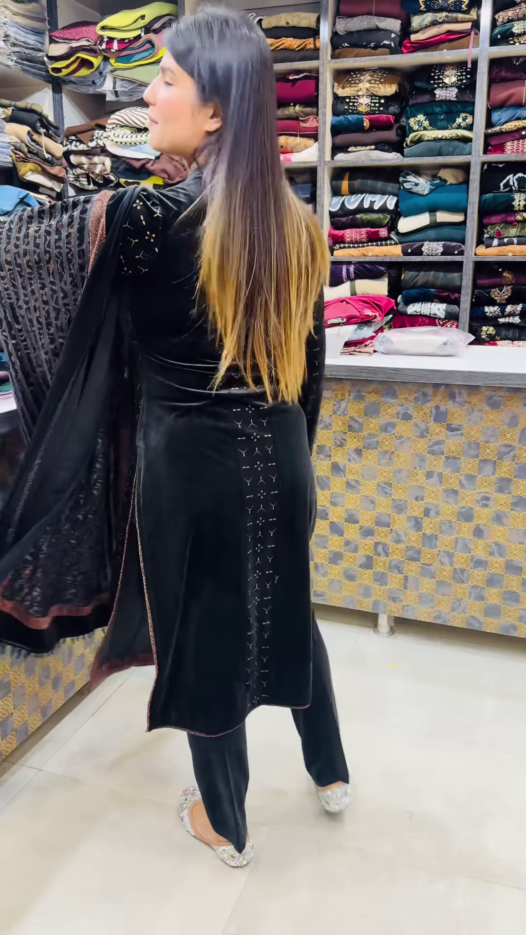 Luxury Black Velvet Kurta with Gold Floral Embroidery and Matching Sheer Dupatta – Elegant Evening Suit - Image 4