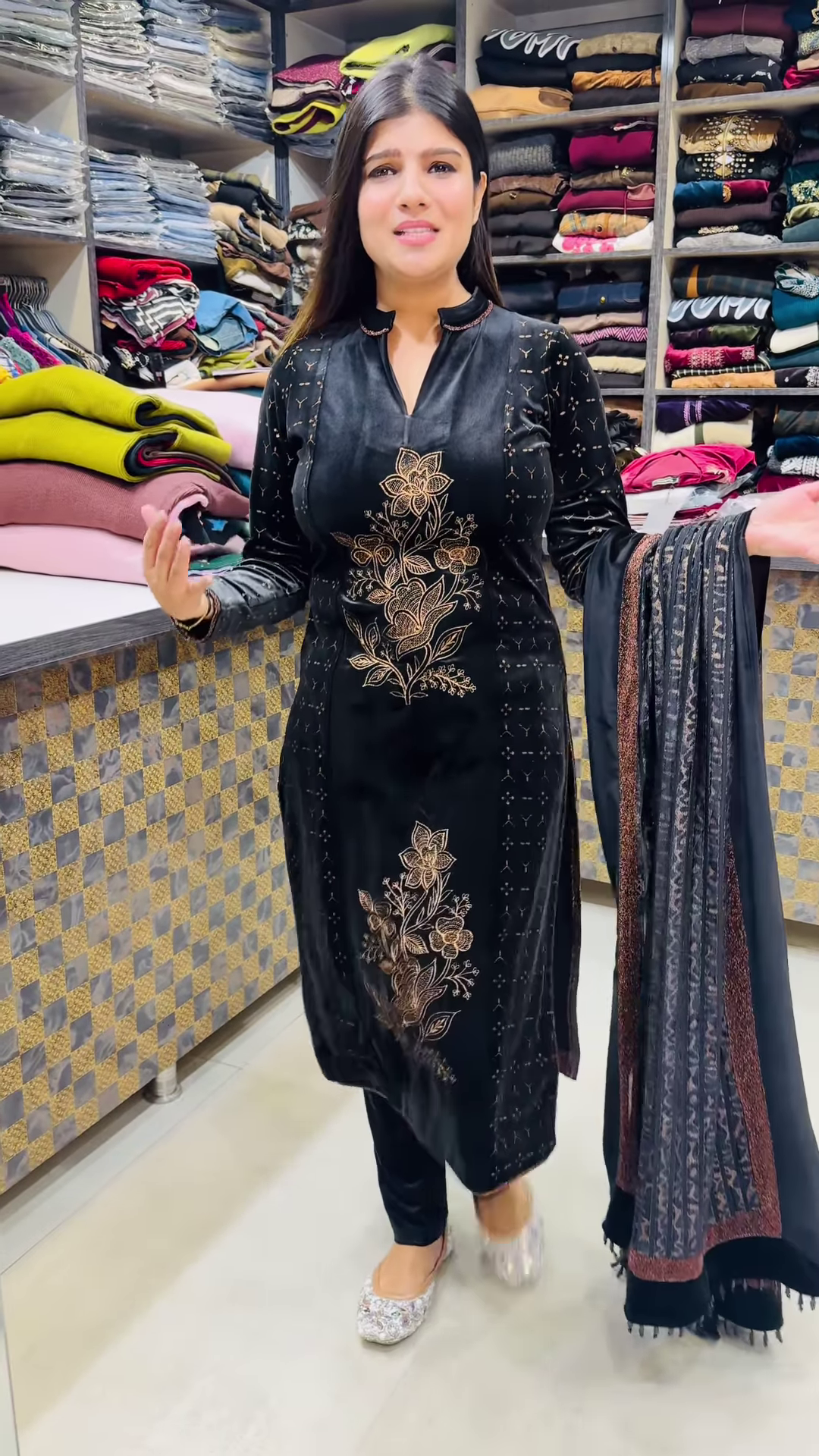 Luxury Black Velvet Kurta with Gold Floral Embroidery and Matching Sheer Dupatta – Elegant Evening Suit - Image 3