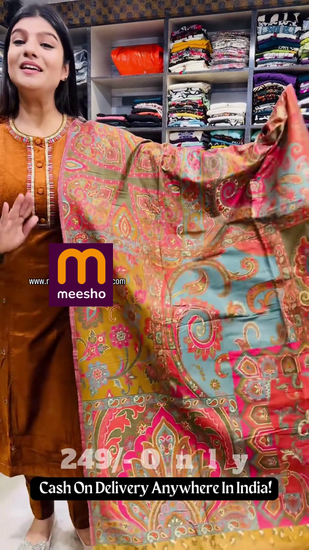 Rich Mustard Brown Velvet Suit with Multi-Color Printed Pashmina-Style Dupatta – Traditional Winter Ensemble - Image 3