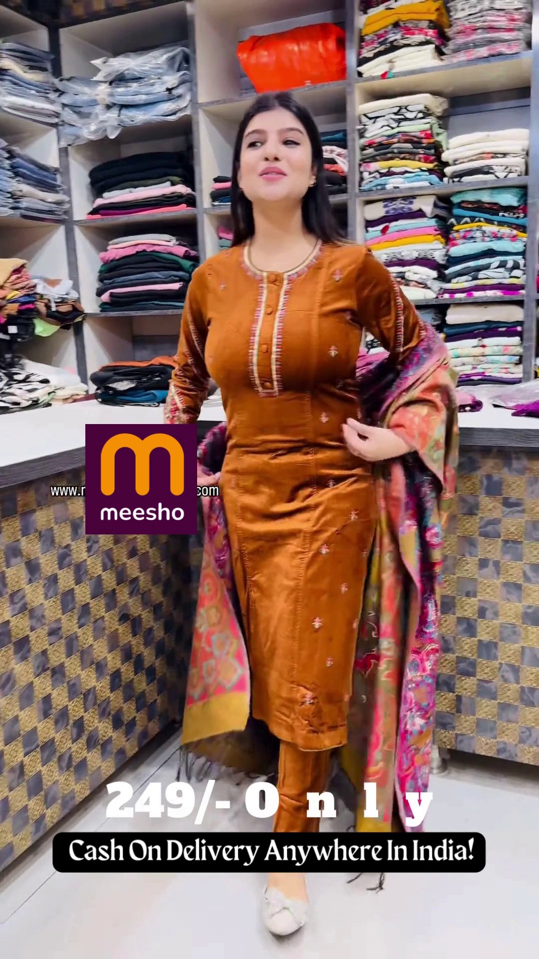 Rich Mustard Brown Velvet Suit with Multi-Color Printed Pashmina-Style Dupatta – Traditional Winter Ensemble