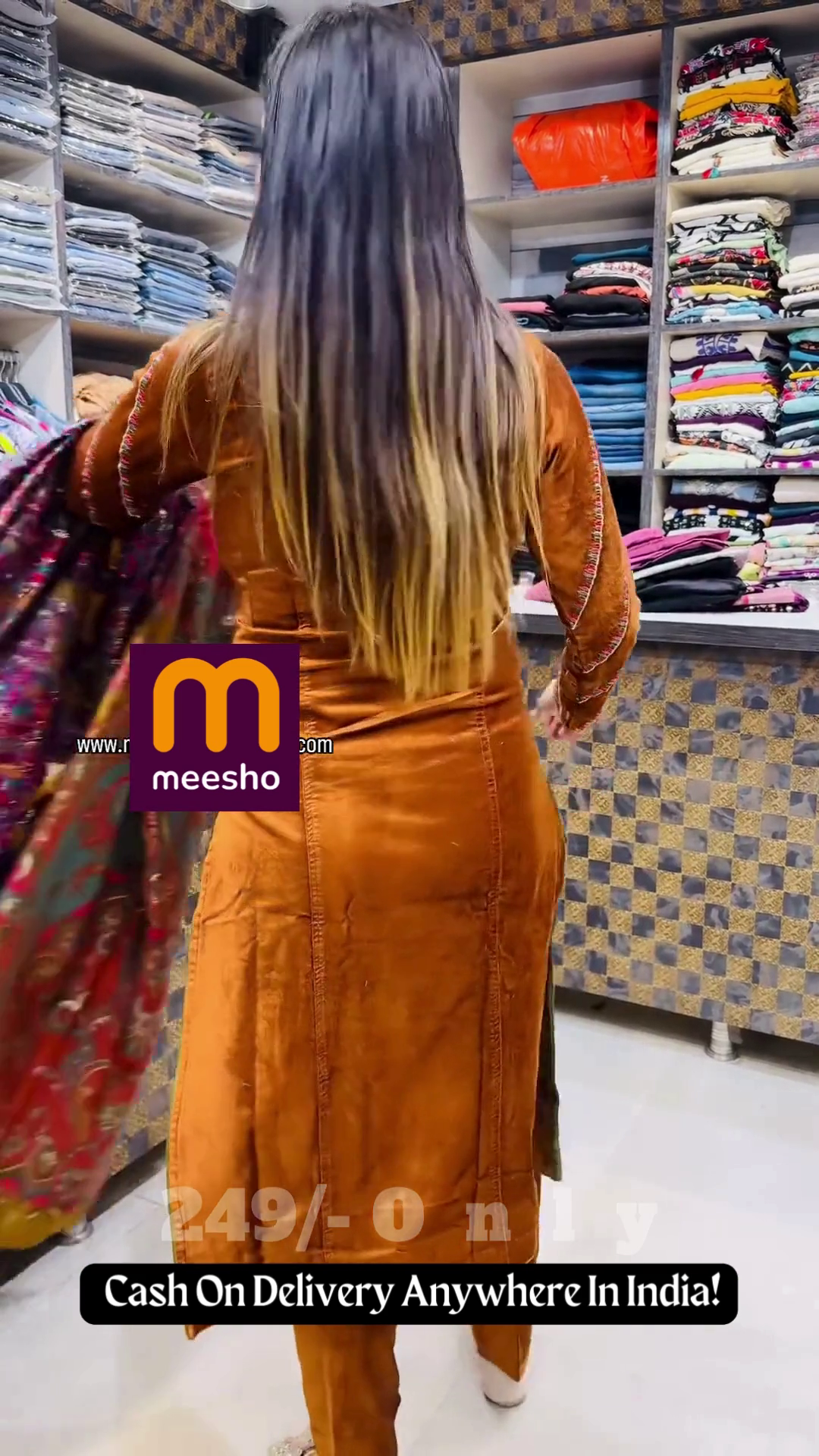 Rich Mustard Brown Velvet Suit with Multi-Color Printed Pashmina-Style Dupatta – Traditional Winter Ensemble - Image 2