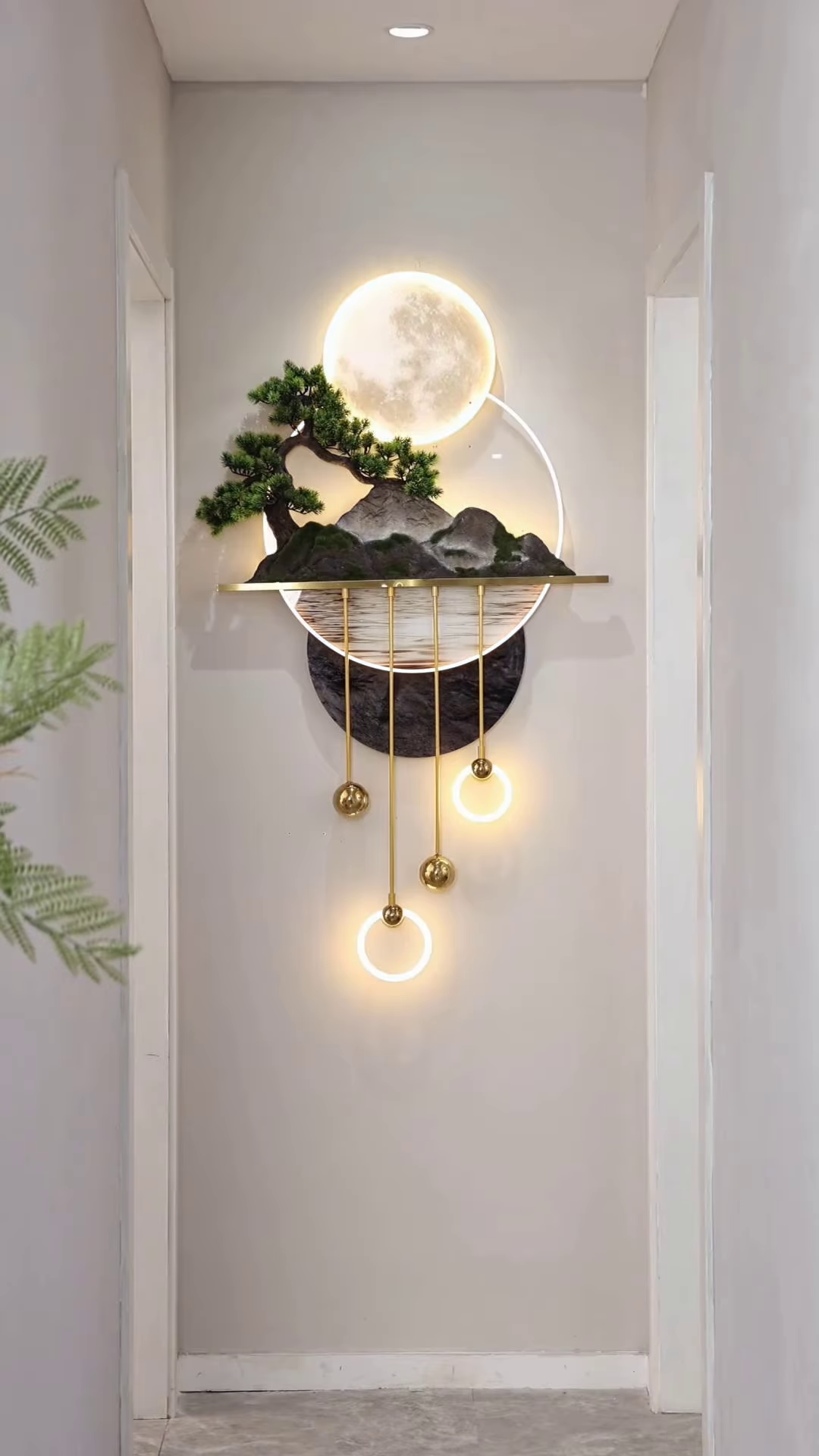 Ethereal Lunar Moon and Bonsai Wall Sculpture with Built-In LED Lighting – Luxury Interior Wall Art