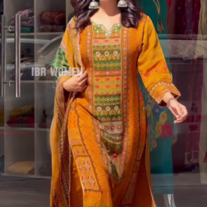 Traditional Mustard Orange Printed Salwar Suit with Kashmiri Floral Yoke and Hand-Placed Mirror Details