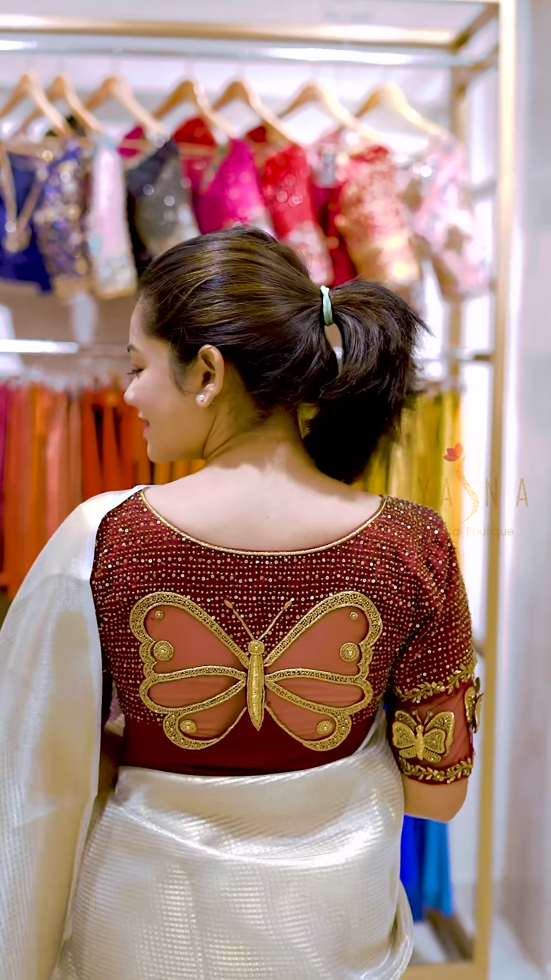 Deep Maroon Velvet Blouse with 3D Butterfly Embroidery and Hand-Encrusted Gold Sequin Detailing