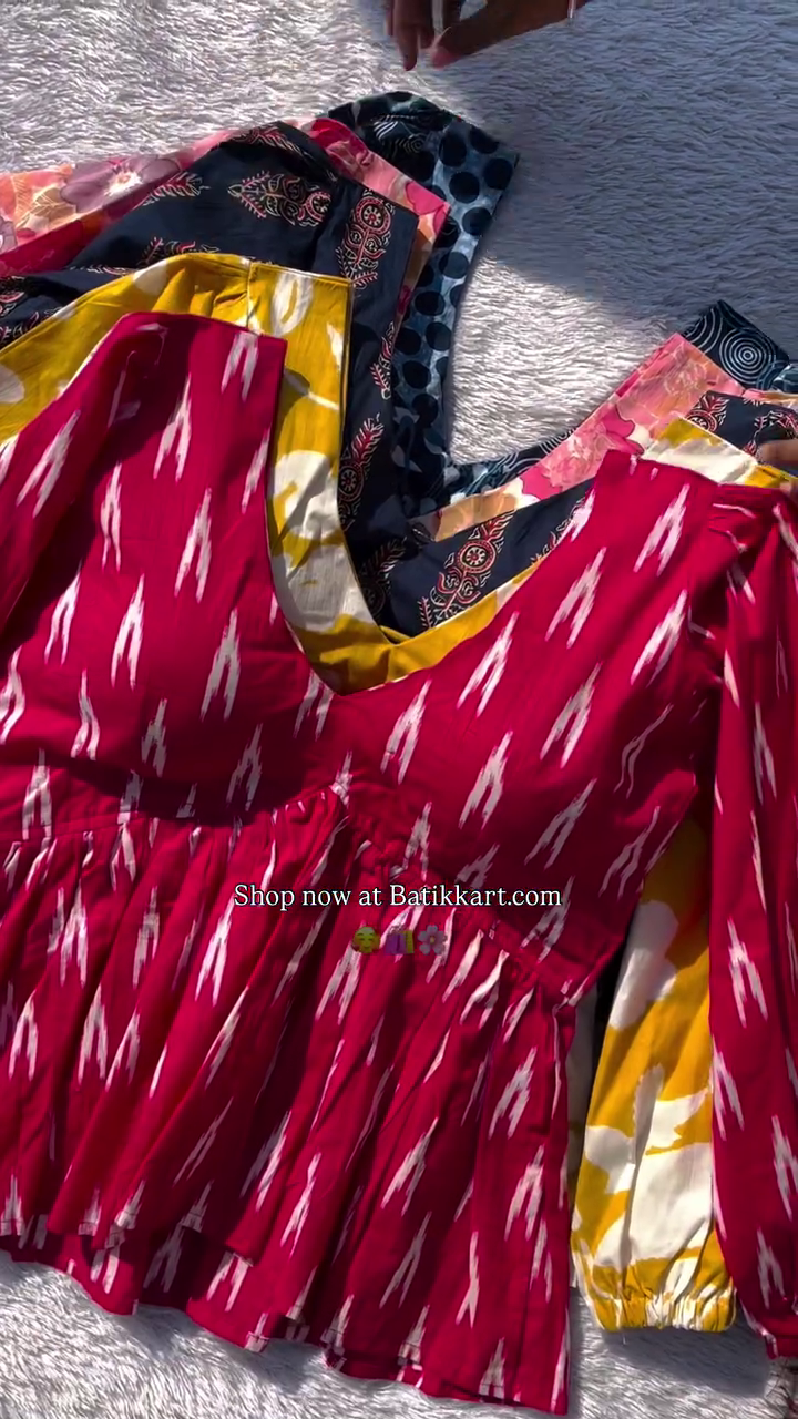 Vibrant Red and White Ikat Print Cotton Dress with Puff Sleeves and Flared Boho Silhouette