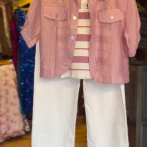 Three-Piece Mauve Striped Shirt with Matching Jacket and White Straight-Leg Trousers - Chic Casual Ensemble