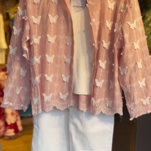 Blush Pink Button-Down Shirt with 3D White Butterfly Appliques and Scalloped Lace Hem - Elegant Feminine Wear