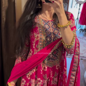 Vibrant Fuchsia Pink Anarkali Suit with Ornate Geometric Yoke and Scattered Floral Print - Festive Ethnic Gown