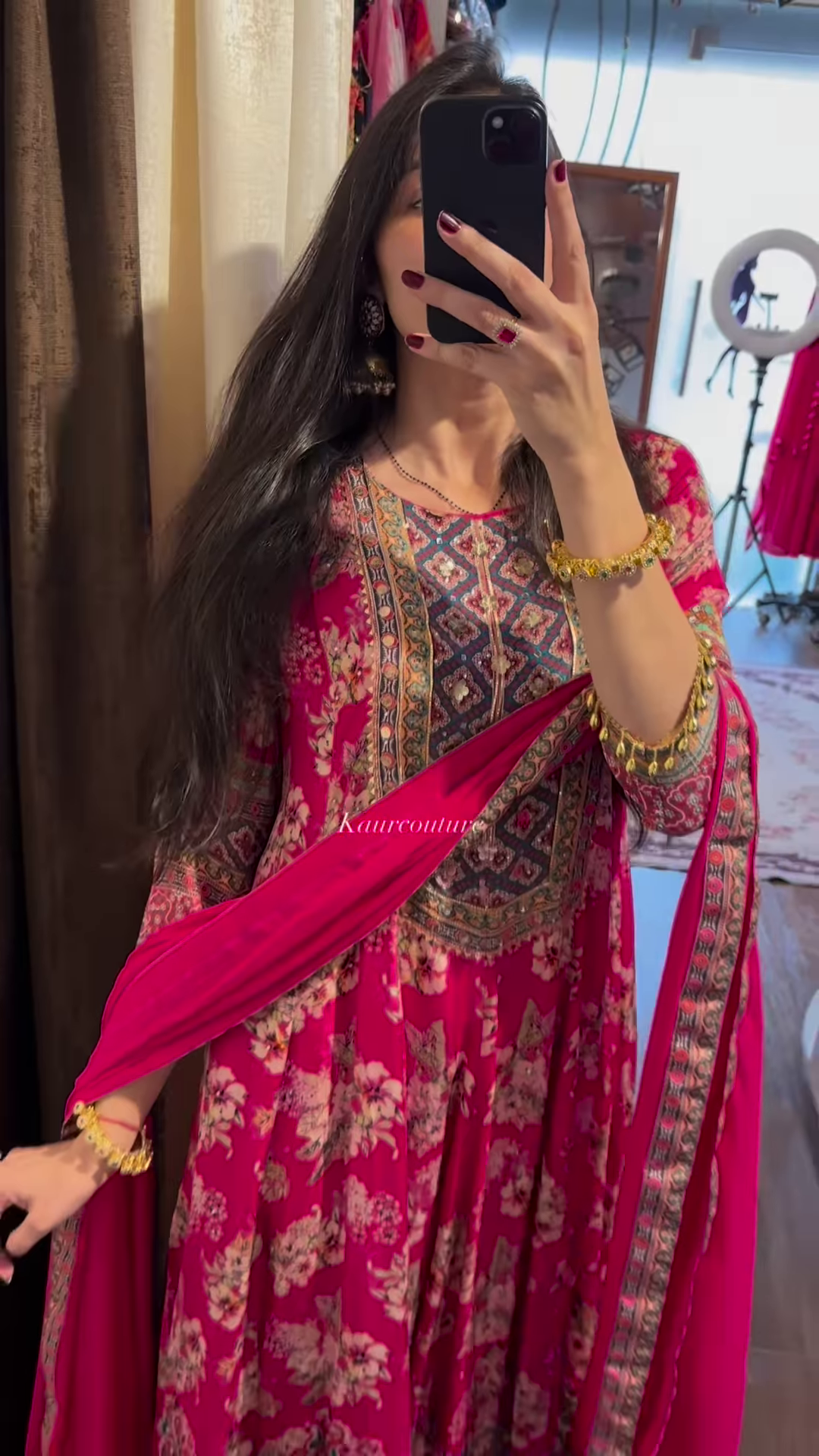 Vibrant Fuchsia Pink Anarkali Suit with Ornate Geometric Yoke and Scattered Floral Print - Festive Ethnic Gown