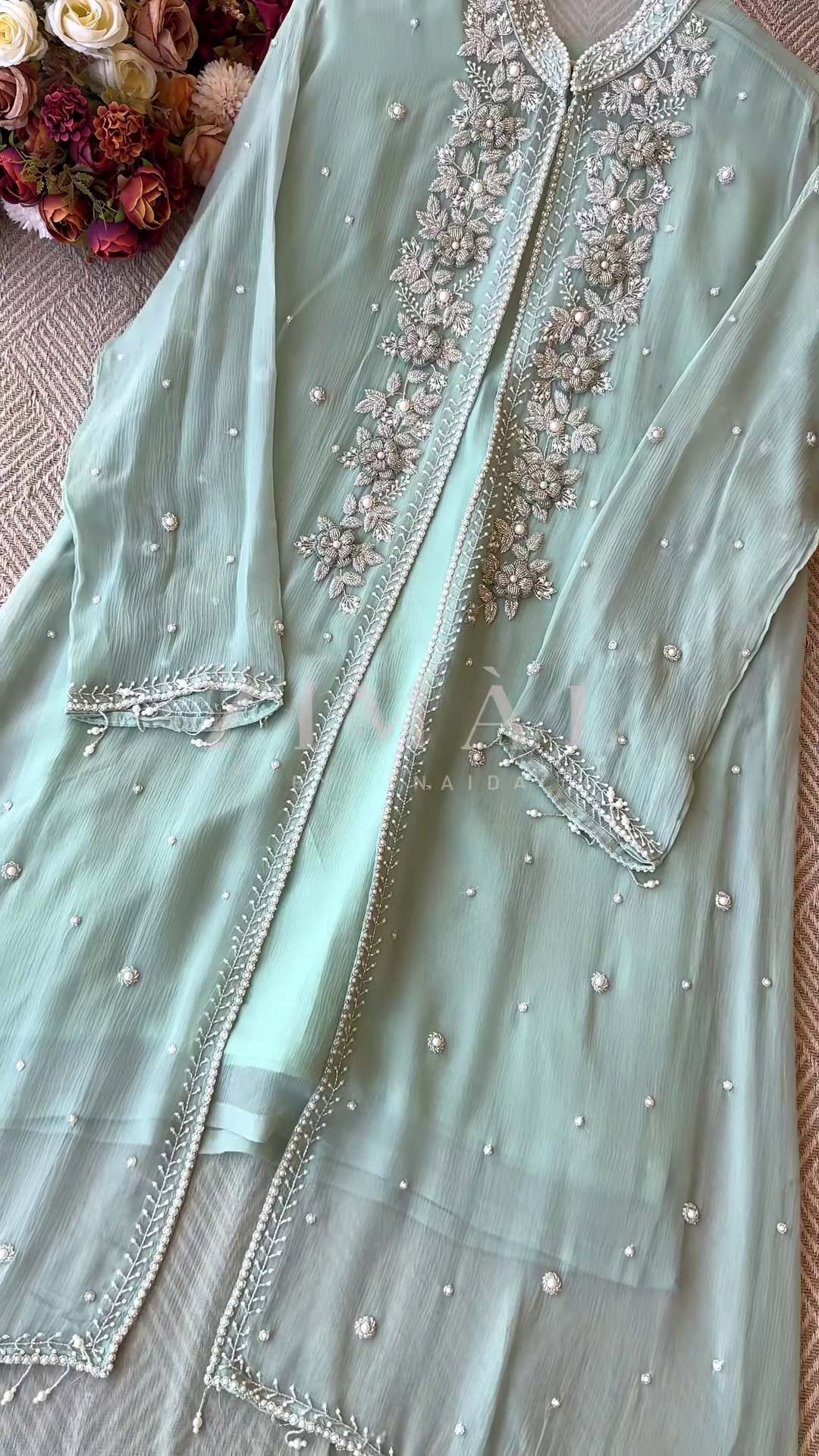Mint Green Silk-Blend Kurta with Heavy Silver Zari Embroidery and Pearl Accents - Premium Occasion Wear - Image 6