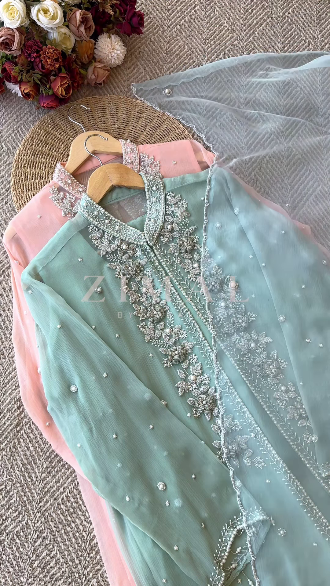 Mint Green Silk-Blend Kurta with Heavy Silver Zari Embroidery and Pearl Accents - Premium Occasion Wear