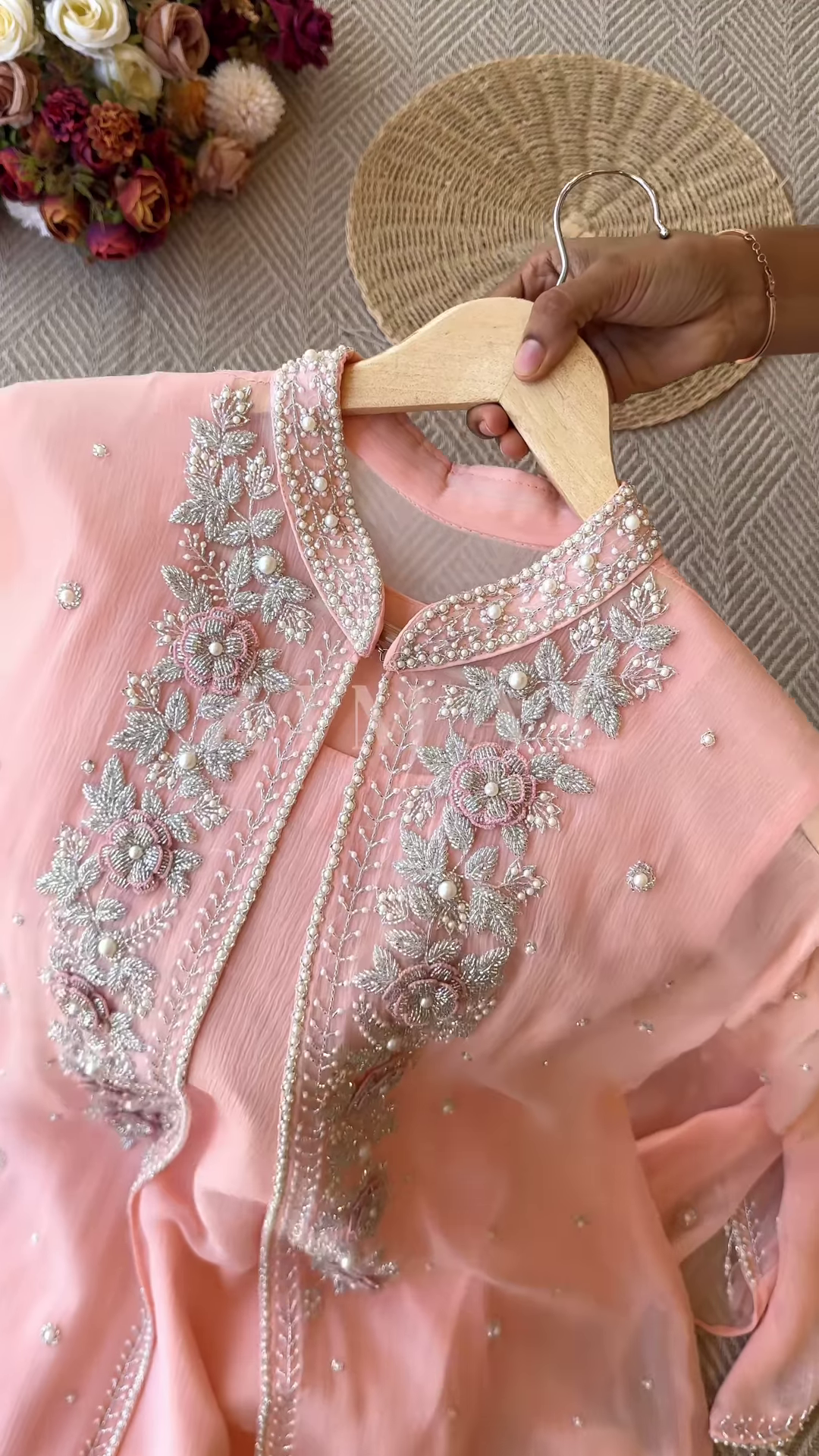 Mint Green Silk-Blend Kurta with Heavy Silver Zari Embroidery and Pearl Accents - Premium Occasion Wear - Image 7