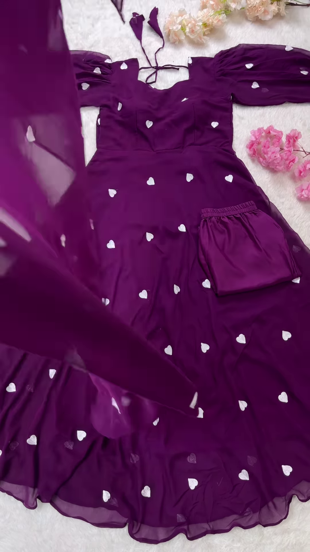 Deep Plum Purple Anarkali Gown with All-Over White Heart Sequin Embroidery - Whimsical Party Wear - Image 3