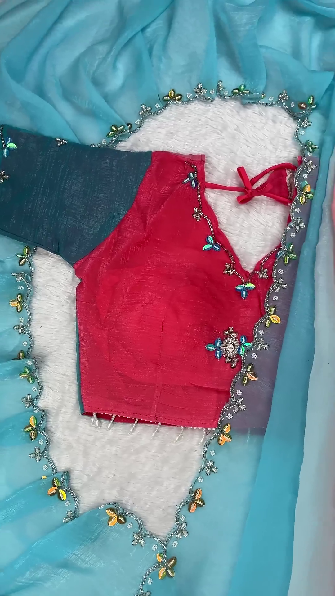 Radiant Sunset Coral Designer Blouse with Ombre Saree Set